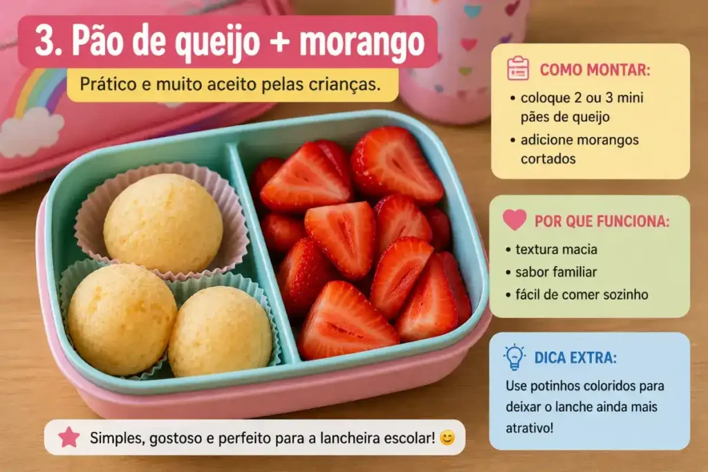 Ideias de lanche para escola infantil 3 anos: Pão de queijo + morango