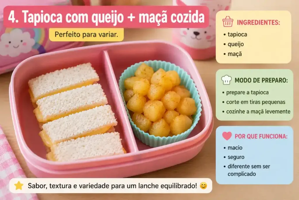 Ideias de lanche para escola infantil 3 anos: Tapioca com queijo + maçã cozida