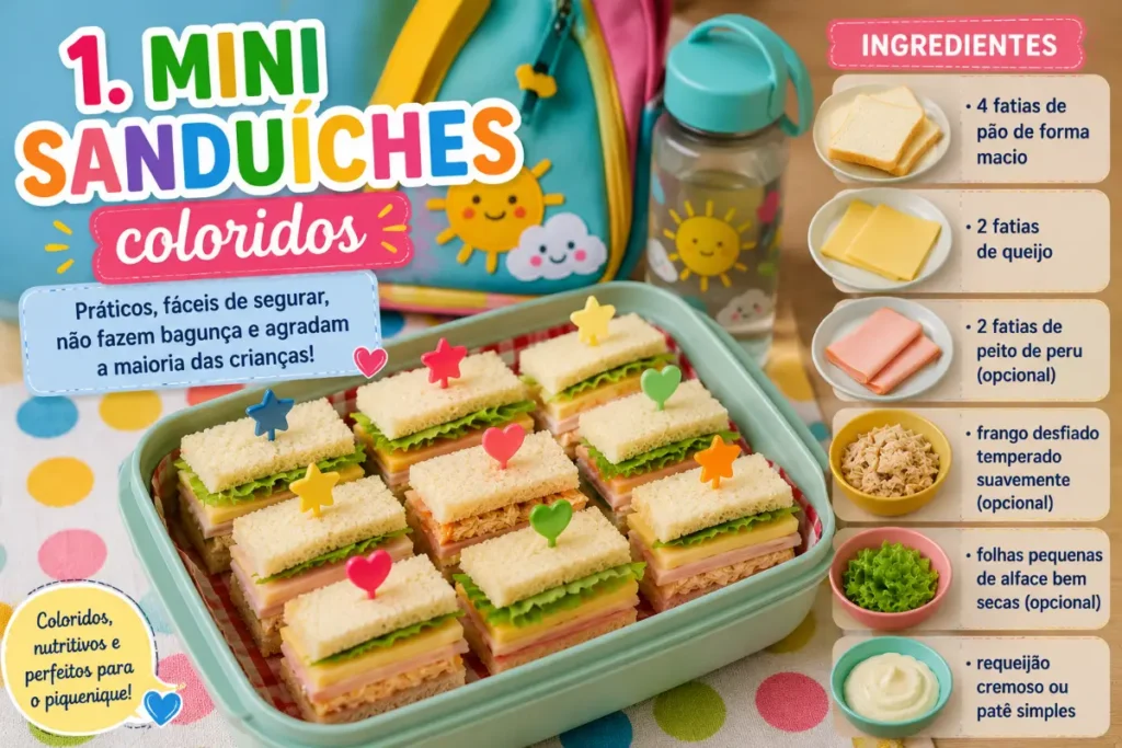 Ideias de lanches para pequenique na escola: Mini sanduíches coloridos