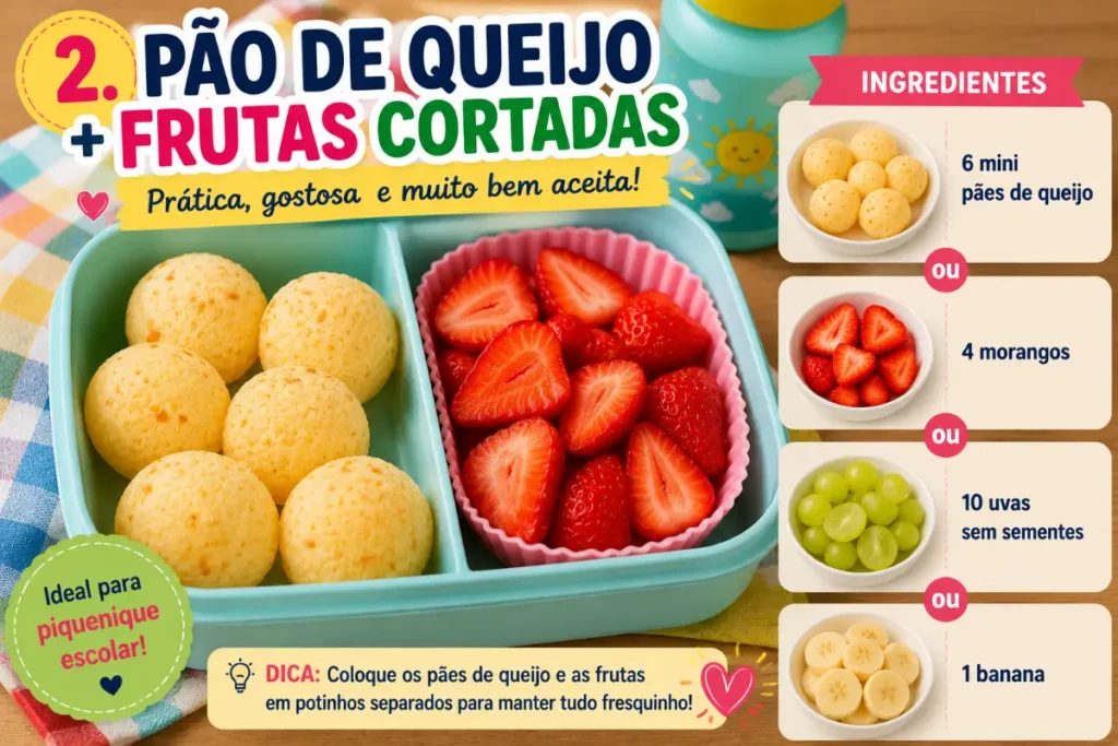 Ideias de lanches para pequenique na escola: Pão de queijo + frutas cortadas